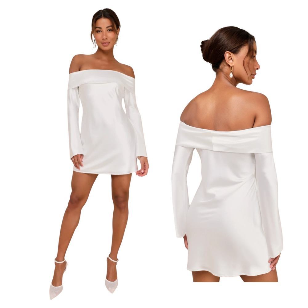 Lulu's Elegant White Satin Off-Shoulder Dress